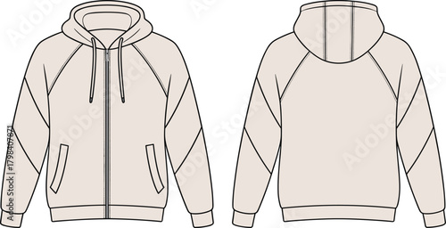 Hooded jacket fashion illustration, technical sketch, zip front closure, raglan sleeve design, welt pocket detail, ribbed cuff hem, sewing pattern, garment template, apparel mockup