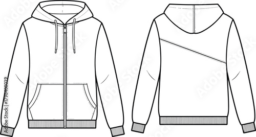 Hooded zip-up sweatshirt front and back view, drawstring hood, kangaroo pocket, ribbed cuffs, fashion sketch, garment template, apparel design, technical illustration