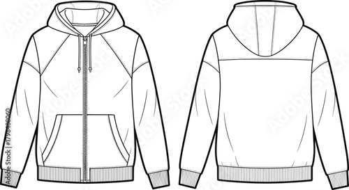 Hooded zip-up sweatshirt front and back view, drawstring hood, kangaroo pocket, raglan sleeves, ribbed cuffs, fashion sketch, garment template, apparel illustration