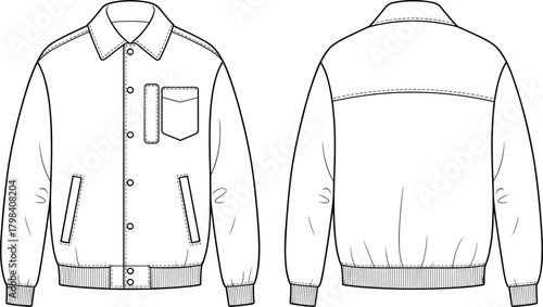 Jacket technical sketch, front and back view, fashion template, garment illustration, classic collar, button placket, ribbed cuffs, chest pocket, clothing design, apparel layout