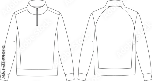 Long-sleeve pullover sweatshirt front and back view, high collar, short zipper, raglan sleeves, fashion sketch