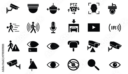Collection of security and surveillance icons representing cameras facial recognition and monitoring technology for safety and protection