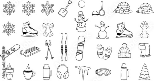 Hand-Drawn Winter  Snow Line Icons Set. Vector collection of cold weather activities, sports equipment, clothing, holidays (Christmas, New Year), and seasonal elements.