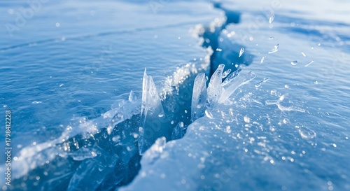 Ice Cracks in Frozen Water Surface with Sharp Ice Fragments and Blue Tones