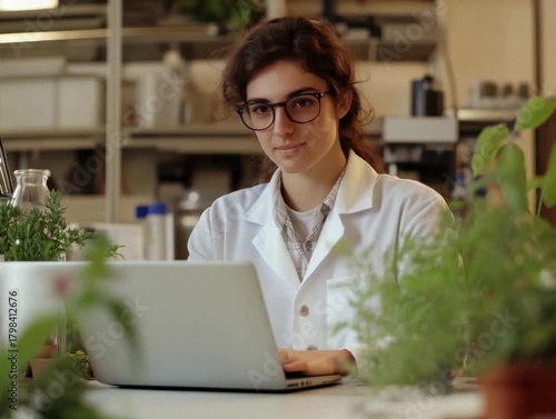 Scientist works on laptop in lab.