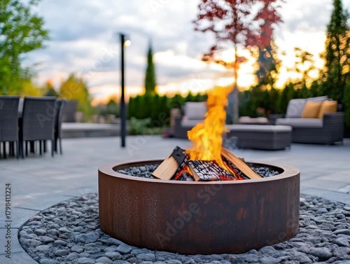 Rustic fire pit with autumn evening patio.