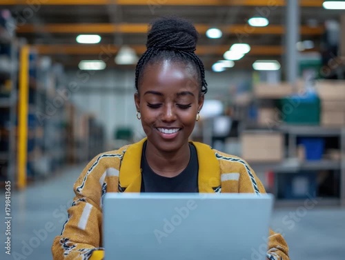 Warehouse worker using laptop.