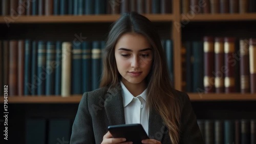 Woman Library Smartphone Research.