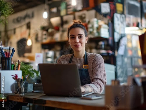 Woman works laptop with cafe shop.