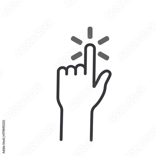 Isolated pictogram of an outline index finger tapping with a click symbol, representing touch, click, press, or mouse action.
