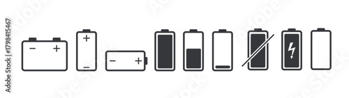 Bundle set icon of various battery symbols: accumulator, battery percentage, charging, no-power battery, and battery positive negative indicator.