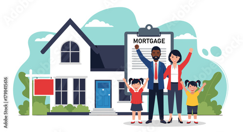 Happy Family Celebrating Purchasing a New House with Mortgage Document and Red 'For Sale' Sign in Front Yard