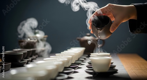Elegant Tea Pouring Ritual with Multiple Steaming Cups
