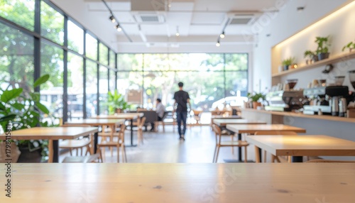 Wallpaper Mural Modern cafe interior with natural light and a person walking towards the counter. Torontodigital.ca