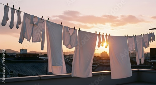 Laundry Drying on a Clothesline Against a Golden Sunset Sky