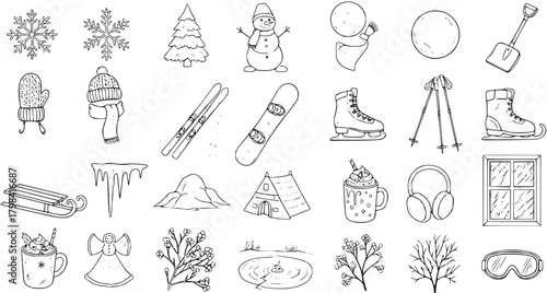 Hand-drawn Winter  Christmas Doodles Set with Snowflakes, Snowman, Tree, Skis, Ice Skates, Sled, Hot Chocolate, Mittens, Hat, Shovel, Window, and Nature Elements
