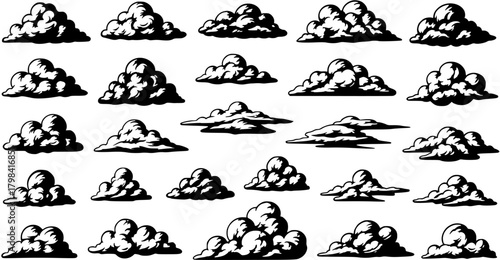 Stylized Black and White Cartoon Clouds Vector Set. Diverse graphic illustration collection of various weather formations for design elements, comic art, and icons.