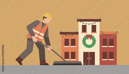 Maintenance worker sweeping pavement near buildings decorated for the Christmas holiday season