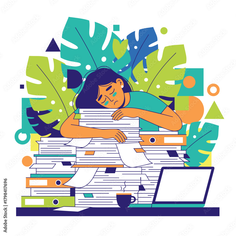 Obraz premium Illustration of a stressed employee overwhelmed by workload sleeping on documents