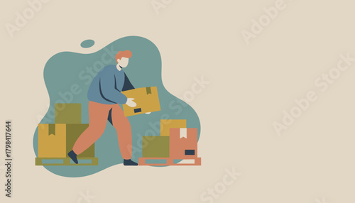Warehouse worker moves shipping boxes on pallets Logistics supply chain and fulfillment concept