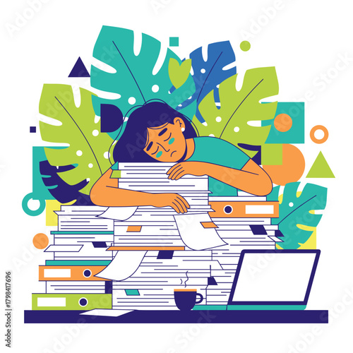 Illustration of a stressed employee overwhelmed by workload sleeping on documents