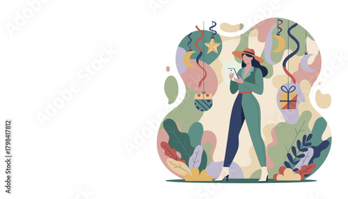 Fashionable woman uses smartphone surrounded by gifts and abstract nature