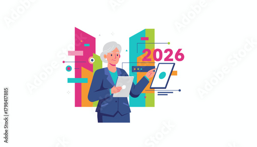 Businesswoman analyzing 2026 financial forecast data on digital devices