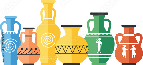 Ancient ceramic vases, colorful pottery illustration, historical artifacts, decorative patterns, traditional vessel design, cartoon style, educational artwork, archaeology theme, child-friendly