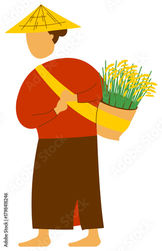 Female Farmer Carrying Rice Illustration. Editable color vector