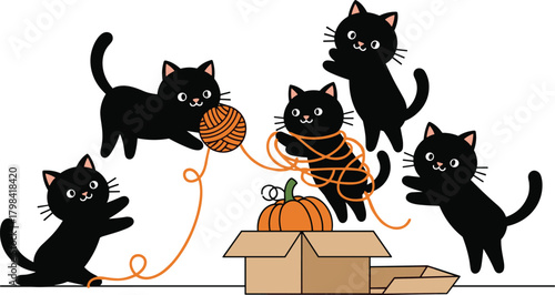 Black cats, playful kittens, yarn ball, pumpkin scene, autumn illustration, cardboard boxes, Halloween theme, cute pets, seasonal design, cozy moment, whimsical artwork