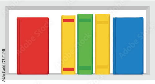 Bookshelf illustration, colorful books, vertical arrangement, educational concept, tidy design, library theme, cartoon style, organized shelf, reading material, flat artwork, learning icon