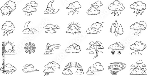 Weather Icons Doodle Set: Hand-Drawn Climate  Forecast Symbols