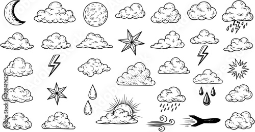 Hand-drawn doodle weather icons set. Sketchy collection of sky elements including sun, moon, stars, clouds, rain, lightning, wind, and airplane for climate forecast.