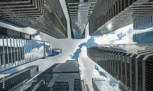 Looking up at modern glass skyscrapers against a blue sky with clouds in a dynamic urban city.