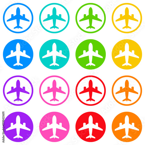 飛行機の丸いスタンプ型アイコン 2種類のカラフル8色セット
