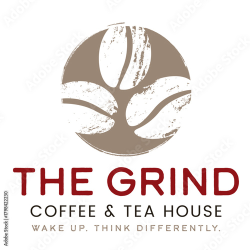 Coffee Bean Logo Concept 2 for The Grind Coffee House or Cafe Wake Up Think Differently Caffeine Coffee House Logo Mockup Outlined Vector Graphic for Coffee & Tea