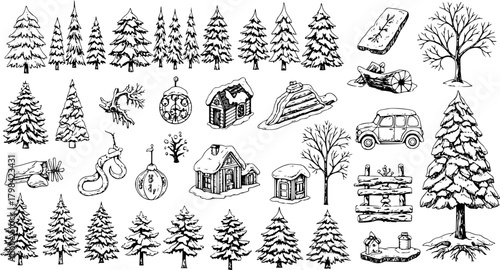 Hand-drawn vector illustration set of winter and Christmas themed elements. Includes various fir and pine trees, snowy cabins, cars, sleds, winter branches, fences