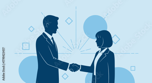 Silhouettes of two professionals in suits shaking hands against a light blue background with geometric shapes and radiating lines