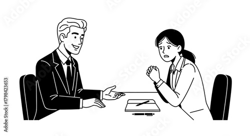A man in a suit smiles, gesturing while a woman in a suit looks worried at a table