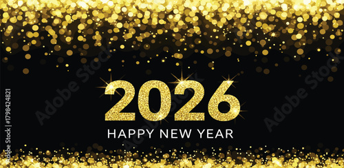 Happy New Year 2026 Sparkling Gold Celebration on a Black Background