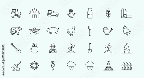 Comprehensive set of farming and agriculture outline vector icons.