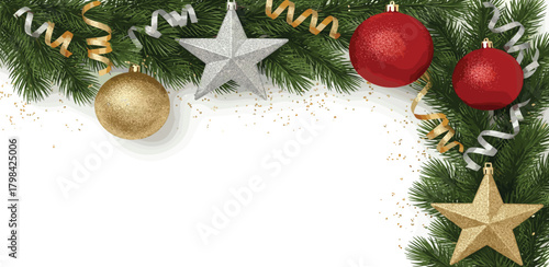 Festive Christmas border with baubles, stars, and evergreen branches for holiday greetings and decorations