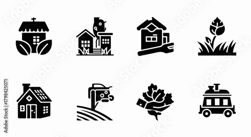 Eco friendly living and sustainable farming solid glyph icons set.