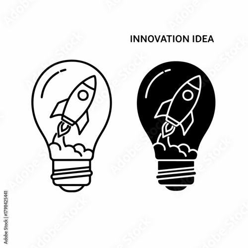 Innovation idea concept with a rocket launching inside a lightbulb icon set.