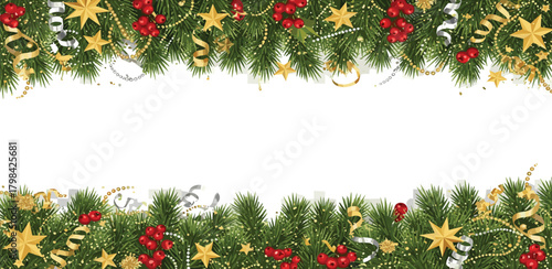 Vibrant festive border featuring lush green fir branches adorned with shimmering golden stars, bright red berries, and elegant curling ribbons, perfect for holiday greetings and seasonal designs