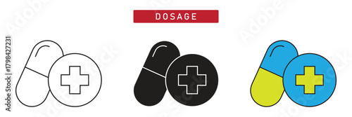 Dosage Icon: Capsule Pill with Medical Cross Sign, Prescribed Medicine Quantity Symbol.