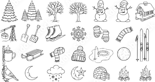 Hand-drawn Winter Icons Collection: Snowflakes, Snowmen, Sleds, Skis, and More