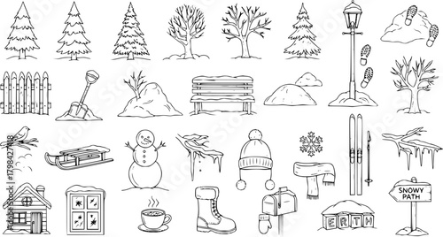 Hand-Drawn Winter Season Doodle Collection. Line art icons featuring trees, snow, snowman, lamppost, skis, fence, house, hot drink, clothing, and other cold weather elements.