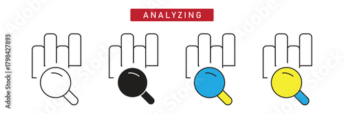 Analyzing Data Icon: Magnifying Glass over Bar Chart Graph, Business Statistics Research.