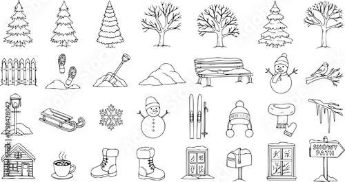 Hand-Drawn Winter Doodle Elements Set. Collection of vector illustrations featuring trees, snowman, skis, sled, boots, cabin, and other snowy season objects.
